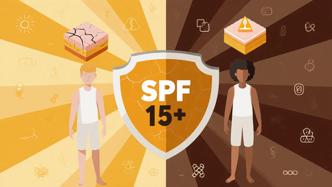 Два человека с разной кожей под одинаковым солнцем, над ними — щит SPF, разрушающий миф о защите меланином.