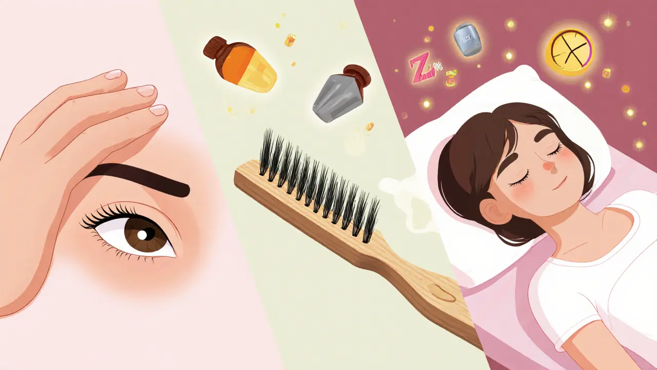 Ежедневный уход за ресницами: массаж век, расчесывание и сон на спине с витаминами.