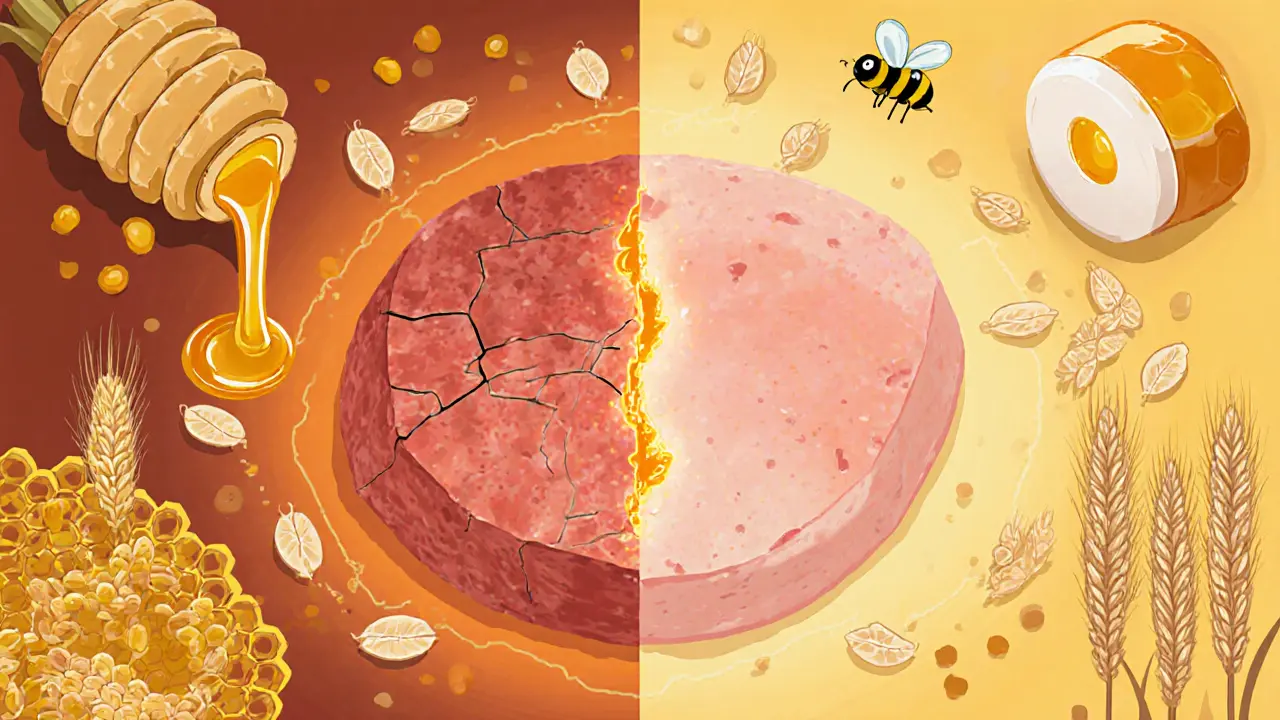 Сравнение до и после: тусклая кожа слева, сияющая — справа, соединённые каплями меда и зёрнами овса.