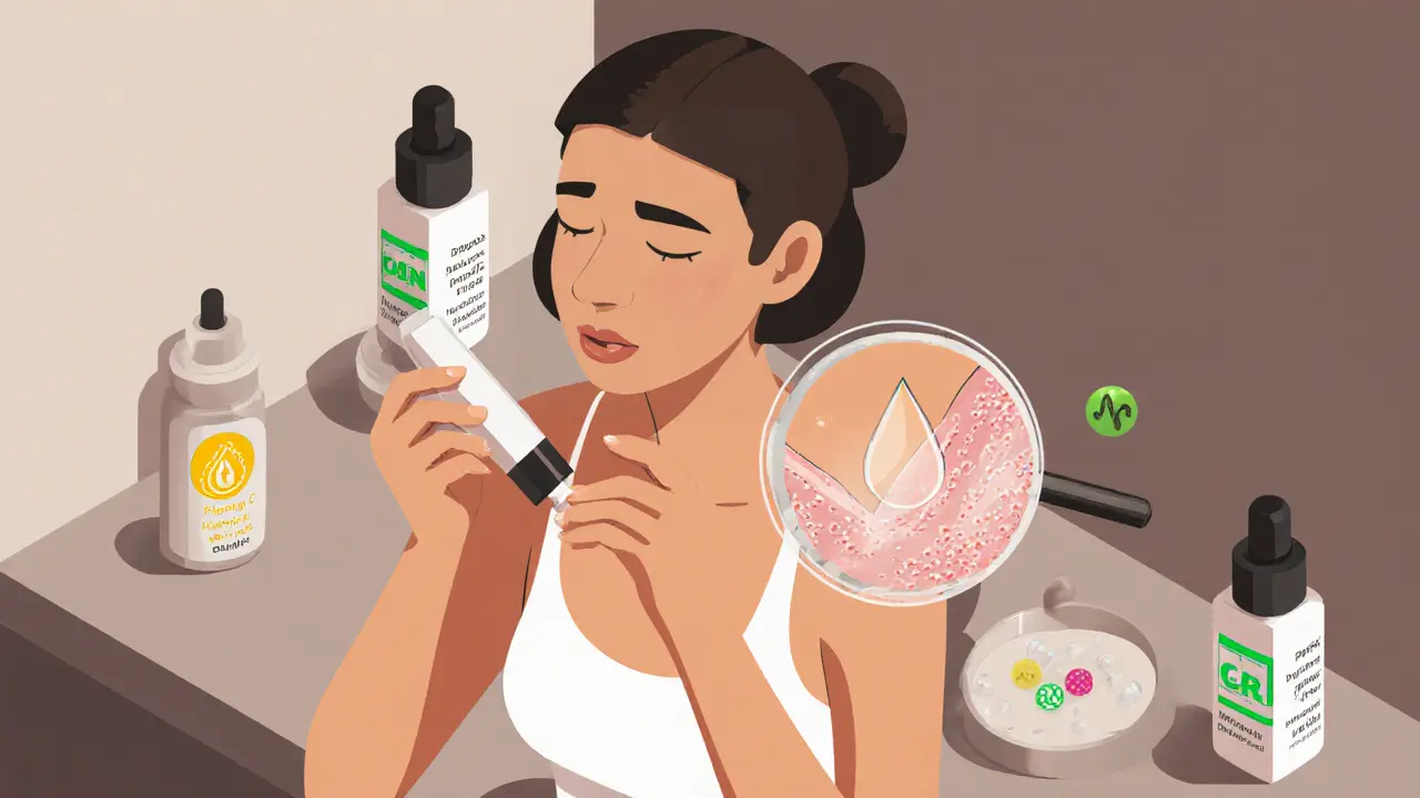 Женщина наносит два разных праймера: один на лоб и нос, другой на щеки, с микроскопическим видом пор.