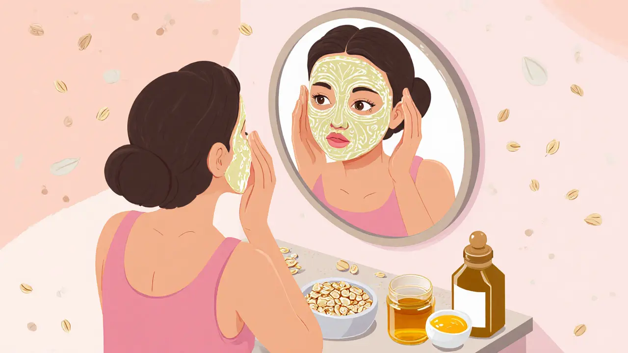 Женщина наносит овсяно-медовую маску на лицо, её отражение в зеркале показывает сияющую кожу.