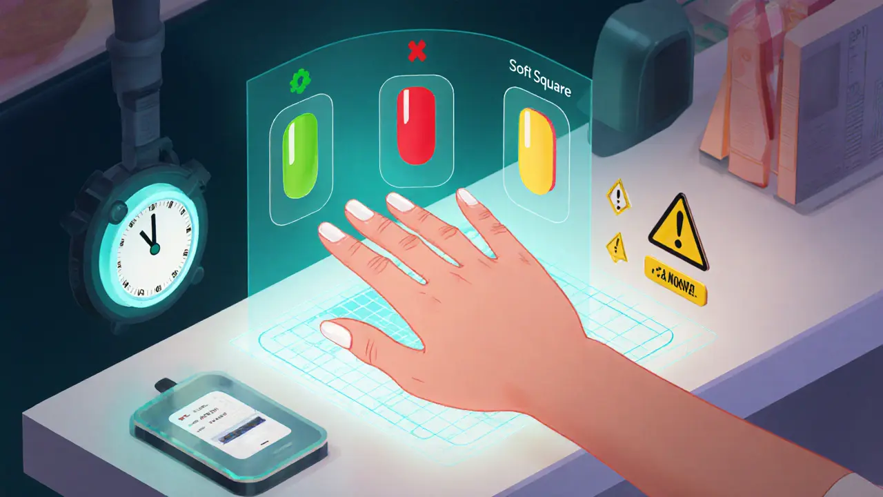 Футуристическая салонная сцена с 3D-сканером, анализирующим форму кисти и рекомендующим мягкий квадрат как оптимальный выбор.