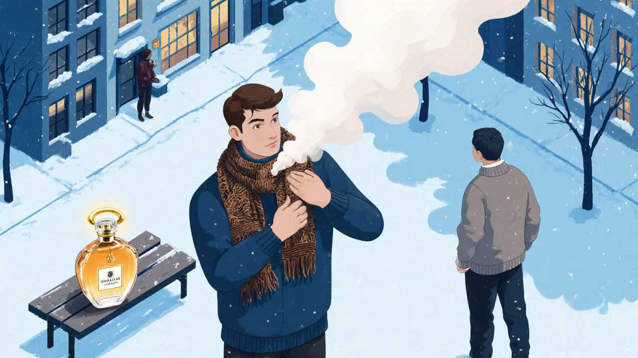 Изометрическая иллюстрация человека, наносящего тяжелый аромат на шерстяной шарф в снежную погоду с нотами сандала и кожи.