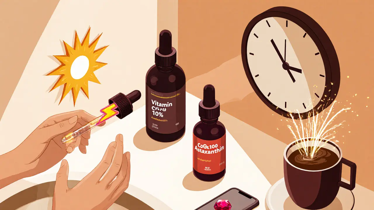 Изометрическая иллюстрация: утренний уход с сыворотками витамина С, CoQ10 и астаксантином на подоконнике.