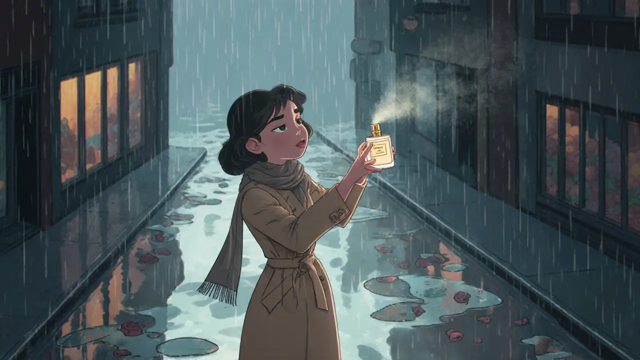 Изометрическая иллюстрация женщины, распыляющей парфюм на шарф под дождем с нотами розы и влажной земли.