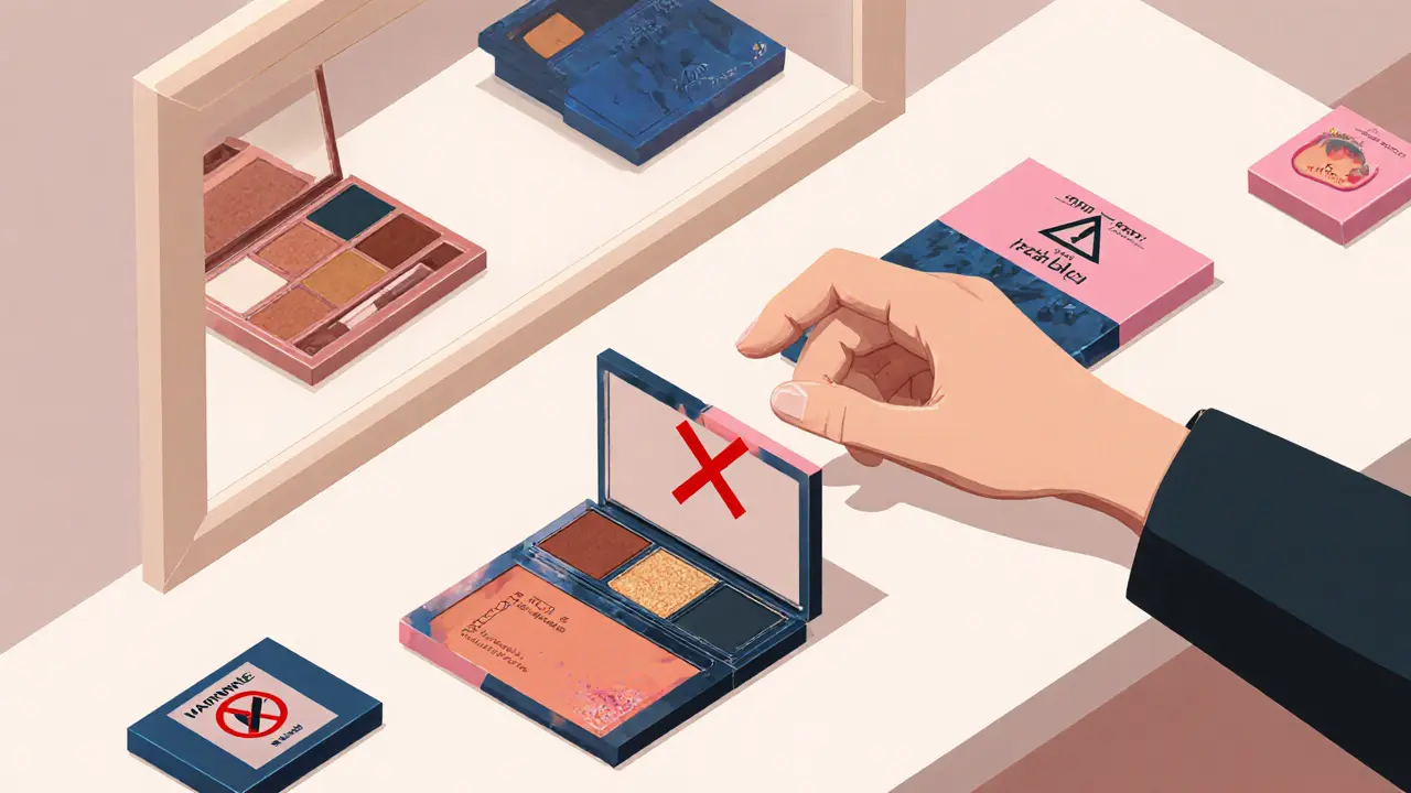 Изометрический вид туалетного столика с косметикой: разрешенные и запрещенные оттенки для голубых глаз.