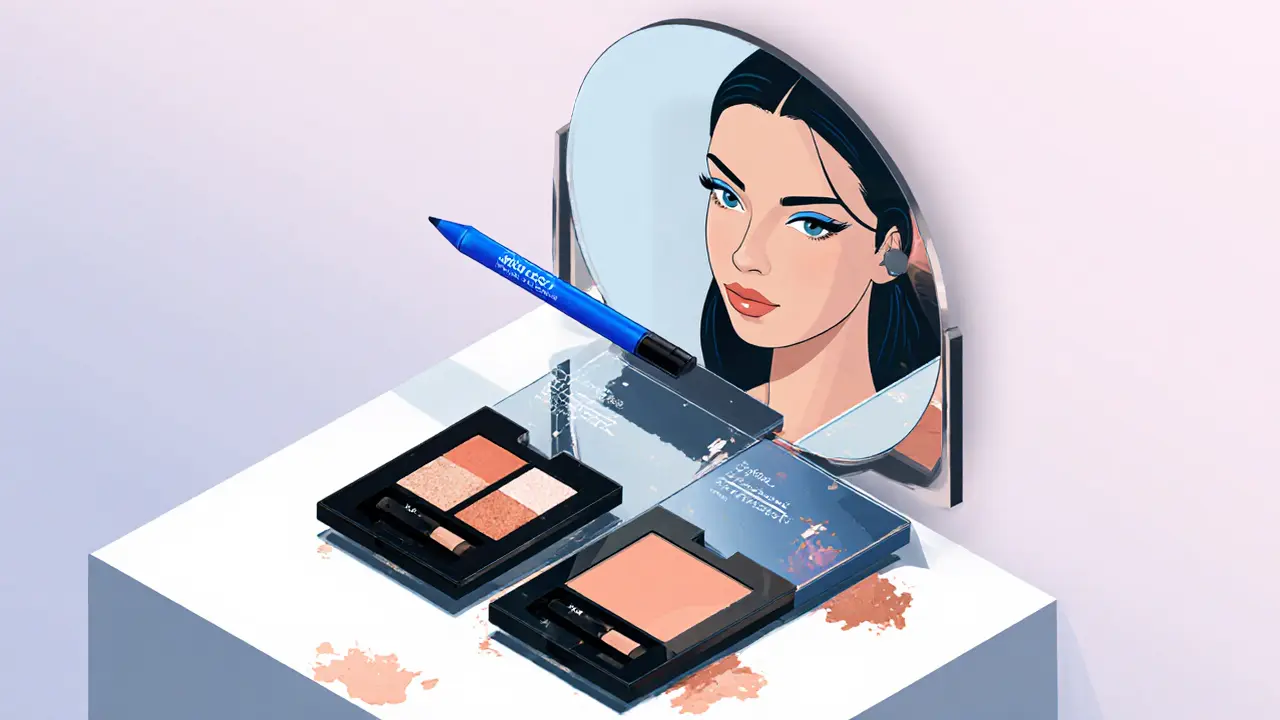 Изометрический вид туалетного столика с палетками теней и висящей синей подводкой, отражающейся в зеркале.