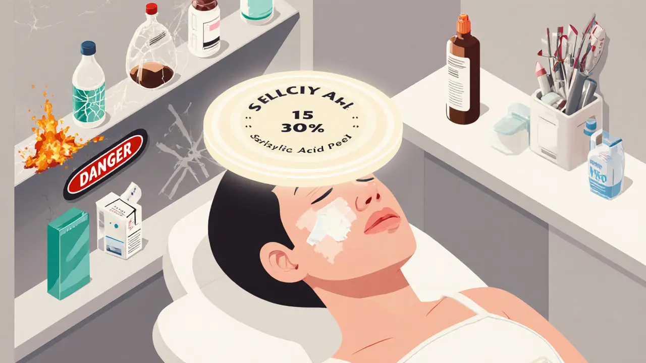 Косметолог проводит безопасный пилинг, на фоне — опасные средства в виде разрушающихся бутылок.