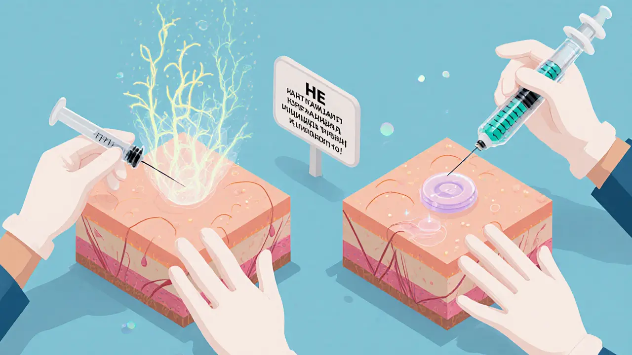 Медицинская иллюстрация инъекций: одна стимулирует коллаген, другая формирует жёсткую структуру.
