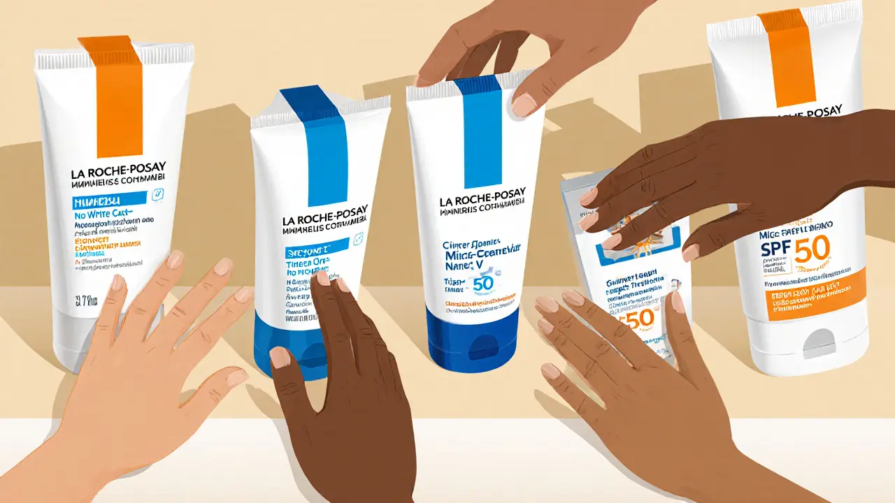 Полка с популярными минеральными SPF 2025 года в российской аптеке, бутылки с маркировками, разнообразные руки выбирают средства.