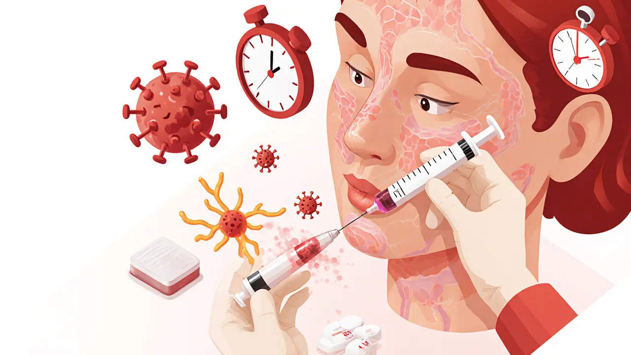 Прозрачное изображение лица с распространением инфекции и введением фермента для растворения филлера.