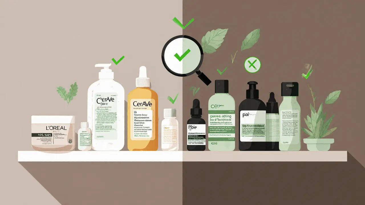 Разделённая полка с косметикой: масс-маркет и натуральные бренды с разными этикетками.