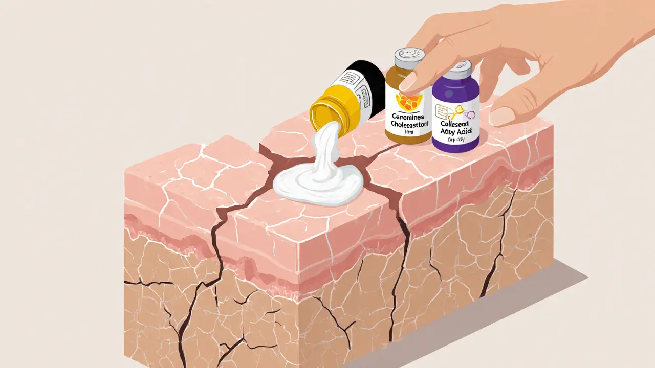 Разрушенный липидный барьер, который восстанавливается с помощью крема с церамидами, холестеролом и жирными кислотами.