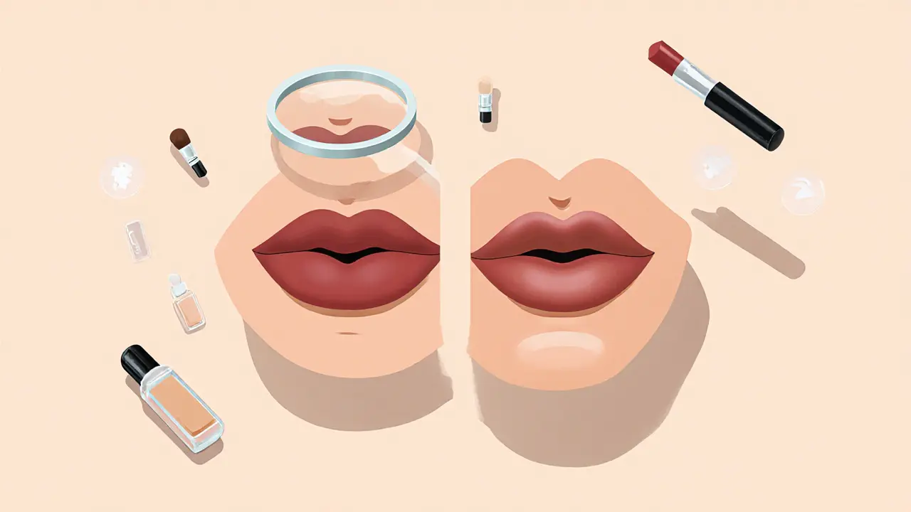 Сравнение асимметричных и скорректированных губ с инструментами макияжа рядом.