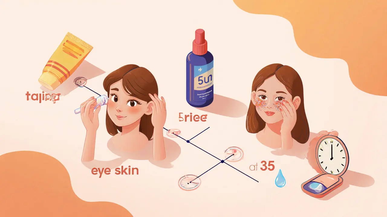 Сравнение молодой женщины с уходом за глазами в 18 и 35 лет, с символами правильного ухода.