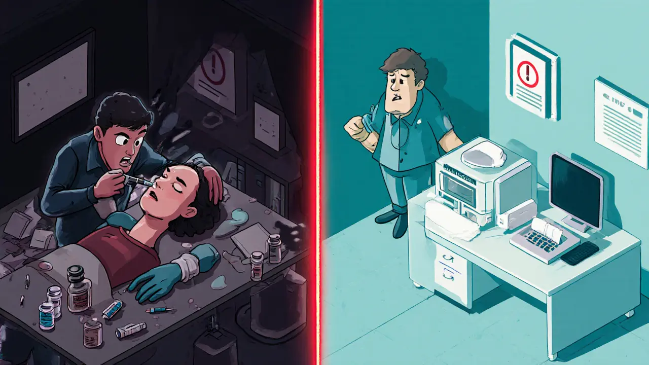 Сравнение небезопасной домашней инъекции и стерильной клинической процедуры в изометрическом стиле.