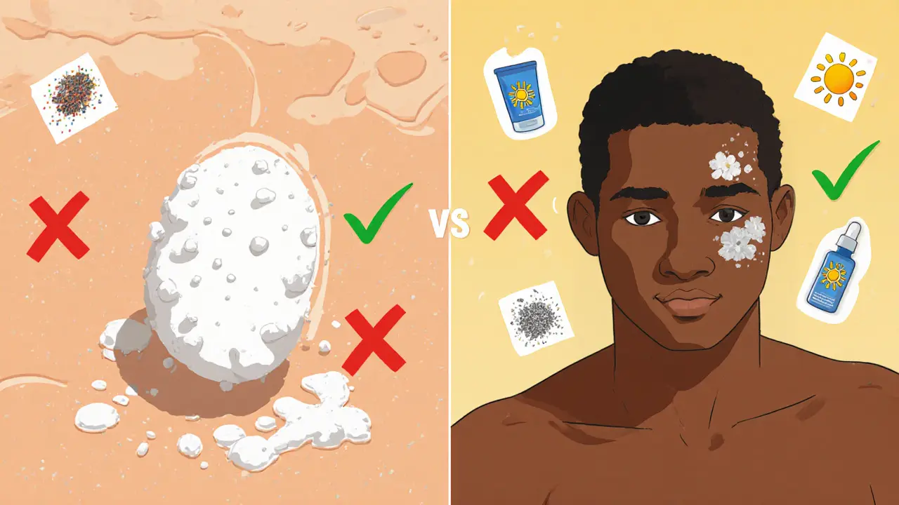 Сравнение старого и нового минерального SPF: слева белый налёт, справа идеальное слияние с кожей, иконки подтверждают прогресс.