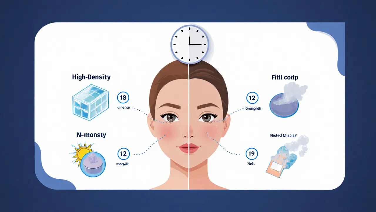 Сравнение трех типов филлеров по плотности: высокая, средняя и низкая, с указанием сроков действия в разных зонах лица.
