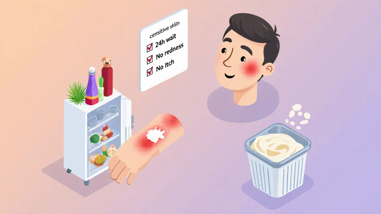 Тестирование крема на локте: чувствительная кожа рядом со здоровой, с проверочным списком.