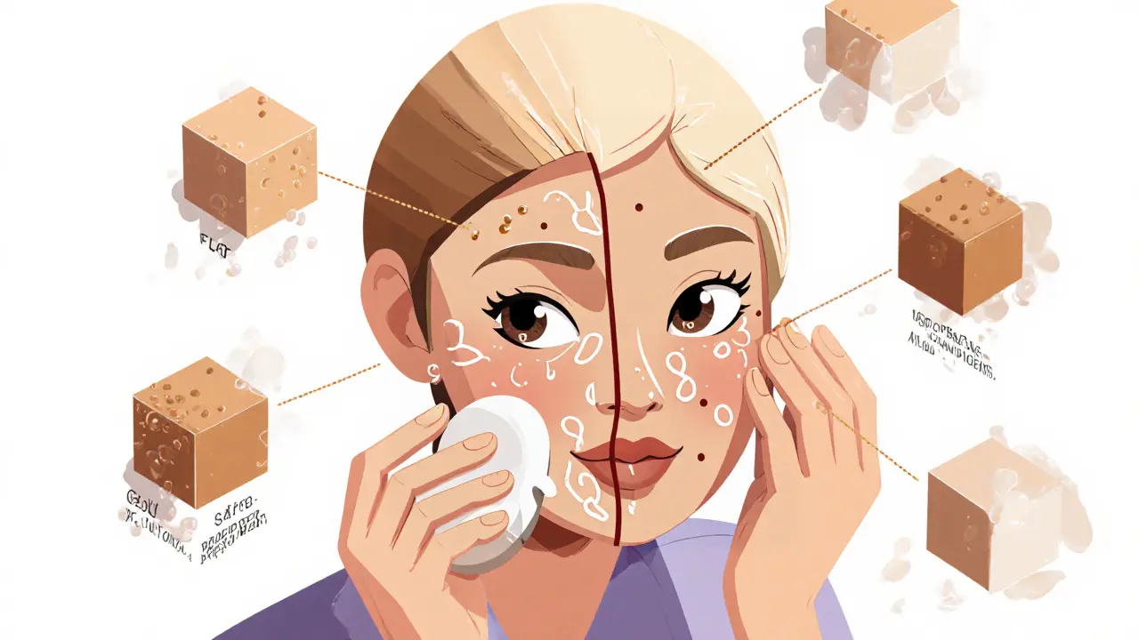 Визажист наносит сатиновую основу влажным спонжем, показывая эффект сияния.