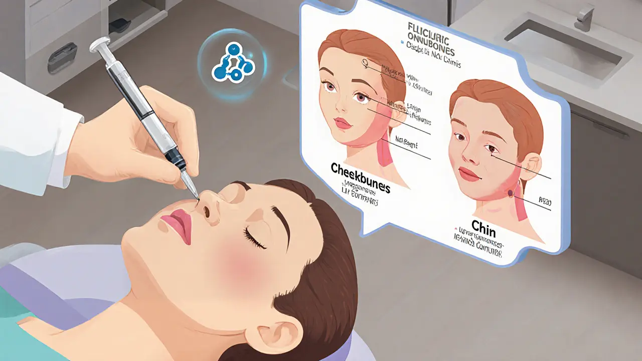 Врач вводит филлер в челюсть с помощью канюли, рядом — схема сравнения старого и корректированного контура лица.