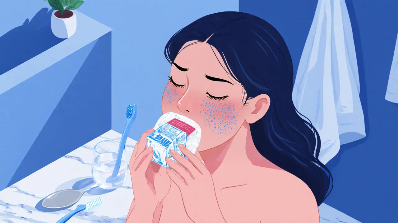 Женщина массирует губы льдом, завернутым в ткань, с ложкой и щеткой.