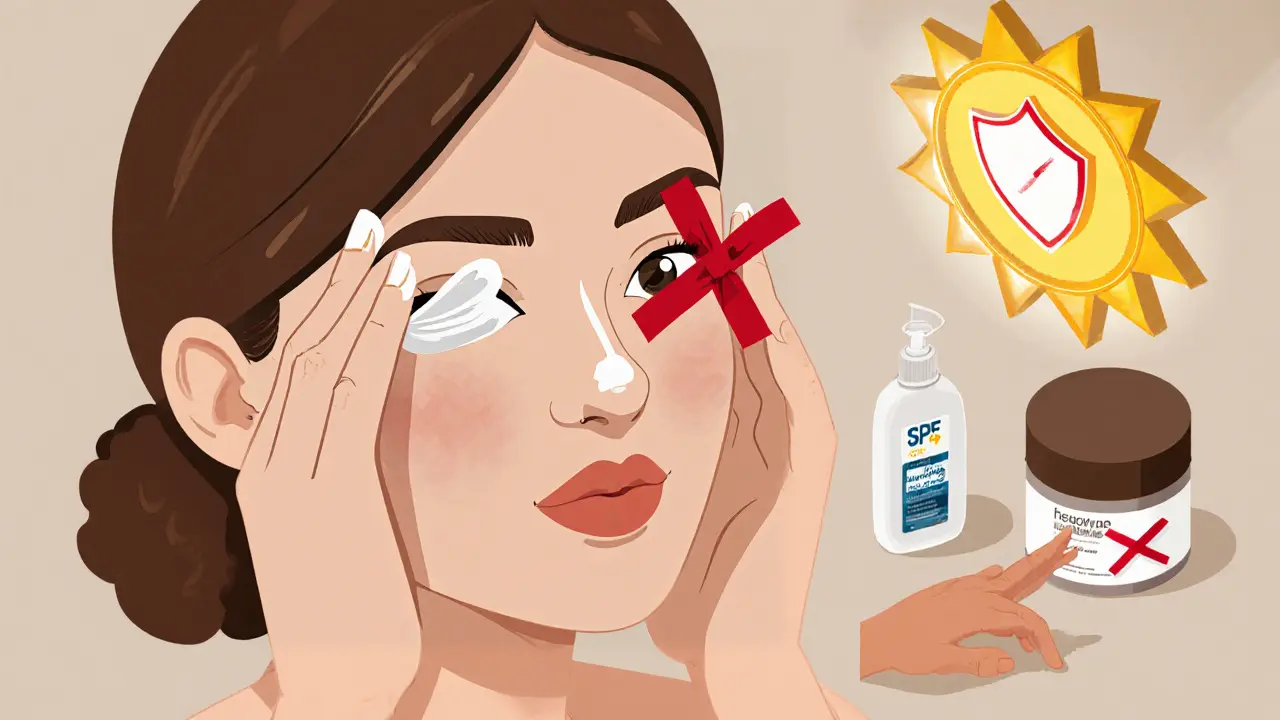 Женщина наносит крем для глаз легкими похлопываниями, вокруг — запрещенные действия и солнцезащита.