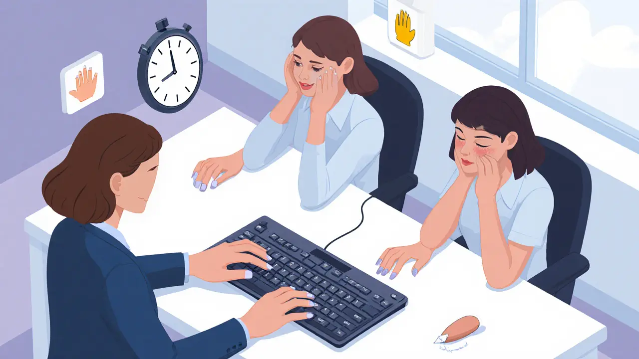 Женщина печатает на клавиатуре с мягкими квадратными ногтями, в то время как другая с острыми квадратными ногтями сталкивается с трудностями.