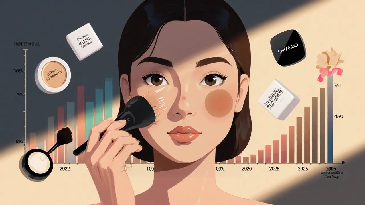 Женщина с комбинированной кожей наносит матовую пудру только на Т-зону.