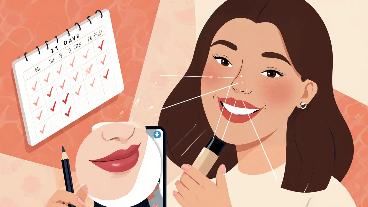 Женщина улыбается, глядя на телефон с AR-фильтром, который показывает симметричные губы.