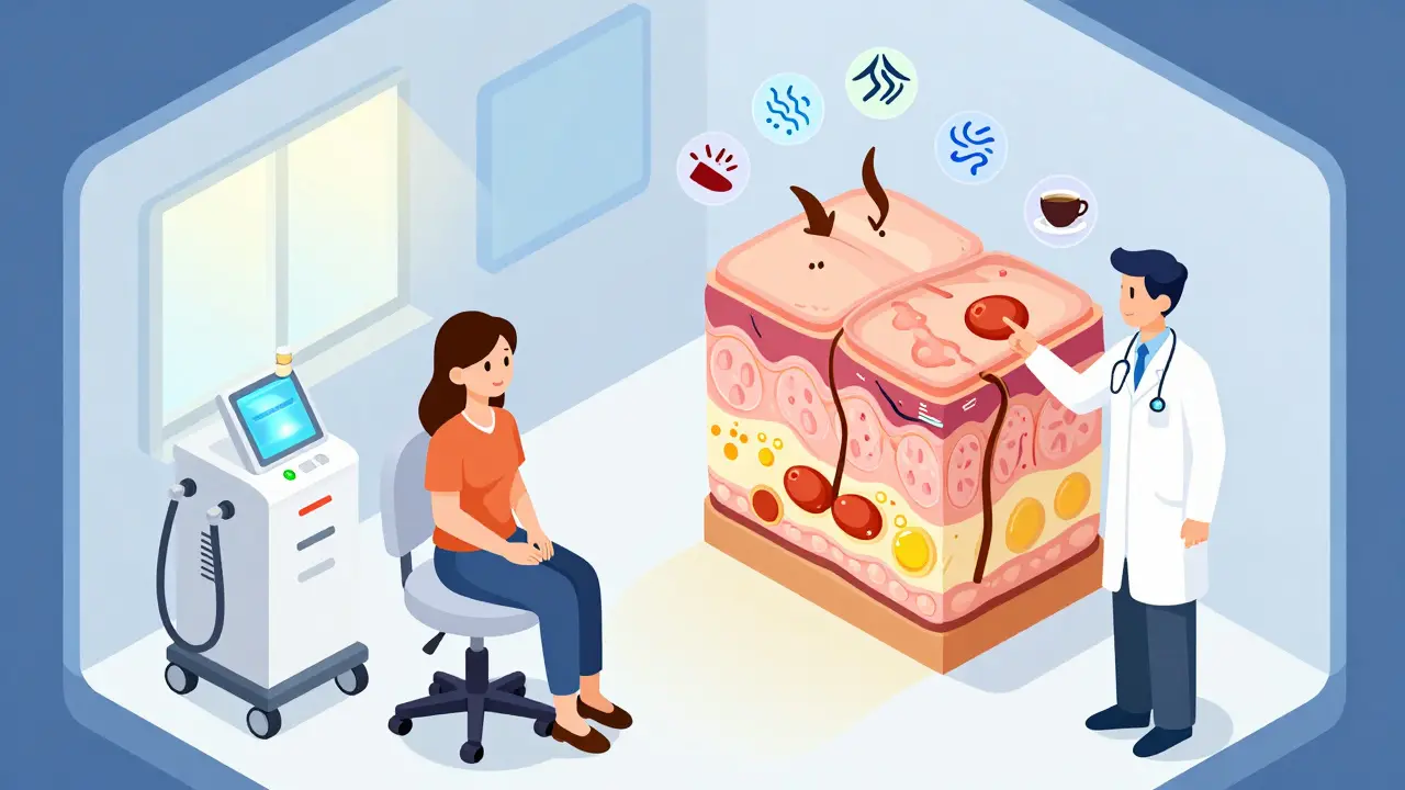 Дерматолог использует приборы для анализа кожи в клинике, показывая модель кожи.