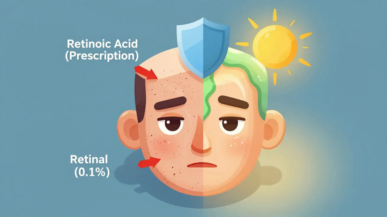 Изометрическая иллюстрация лица с двумя сторонами: раздражённой и гладкой, сравнивающей ретиноевую кислоту и ретиналь.