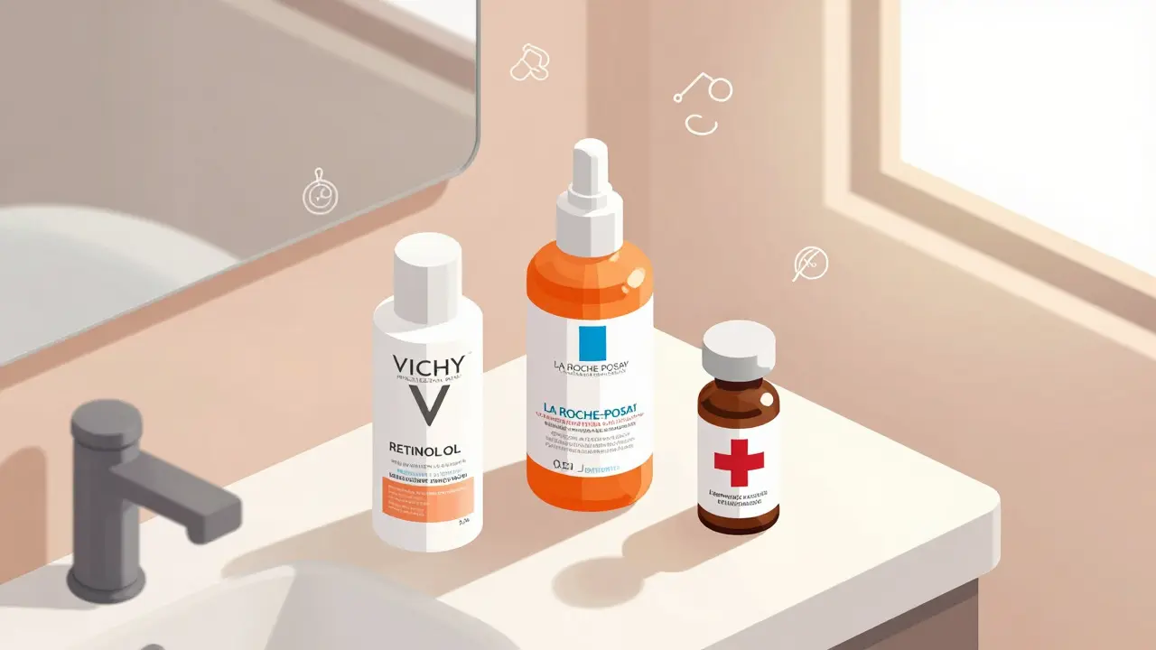 Изометрическая иллюстрация трёх косметических бутылок с ретинолом, ретиналем и третиноином на подоконнике.