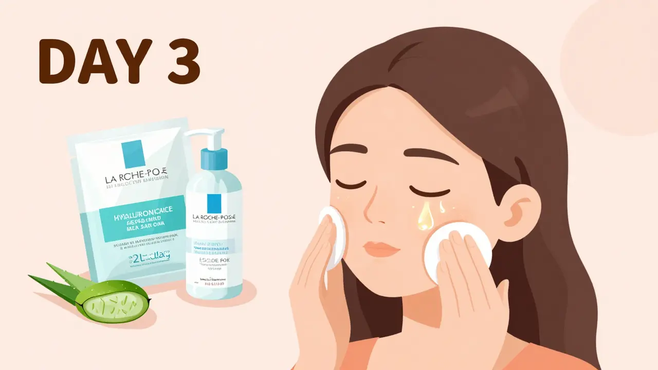 Изометрическая иллюстрация ухода за кожей на третий день: хлоргексидин, алоэ и увлажняющие средства без макияжа.