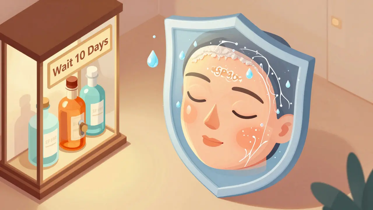 Изометрическая иллюстрация здоровой кожи через 7 дней с защитным SPF-щитом и запрещенными предметами в замке.