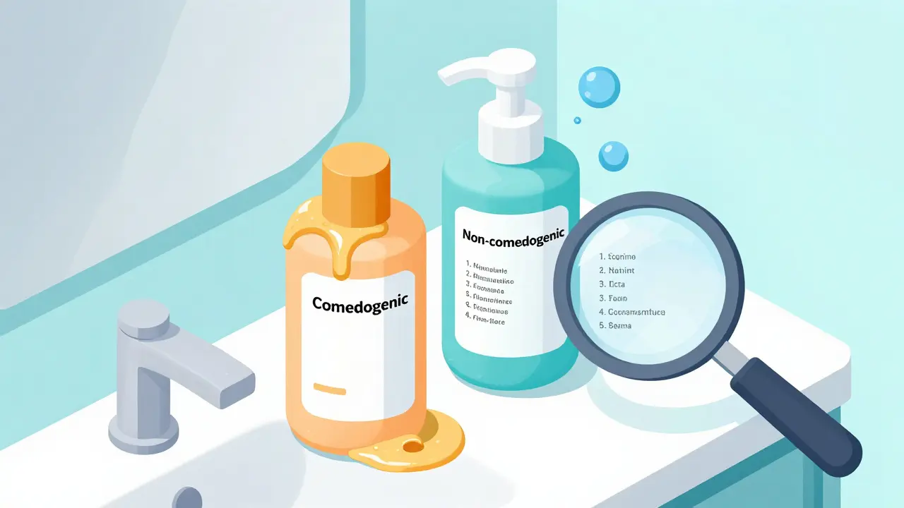 Изометрическая сцена двух косметических бутылок: одна забивает поры, другая — безопасна.