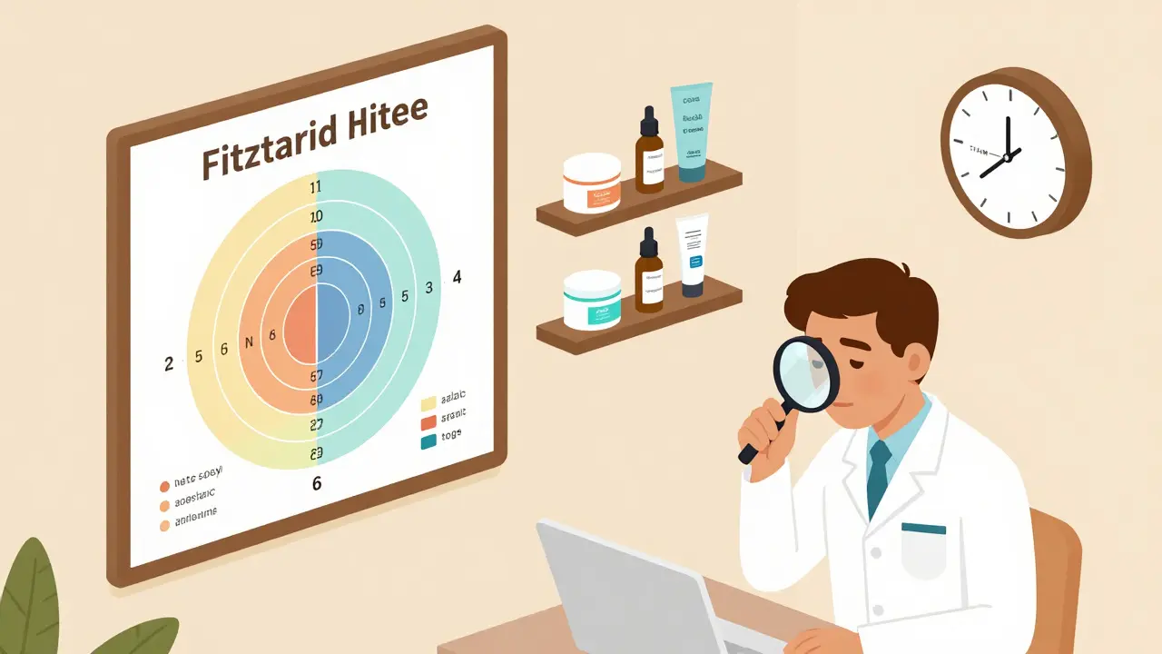 Кабинет дерматолога с таблицей фототипов и уходов для разных типов кожи на полке.