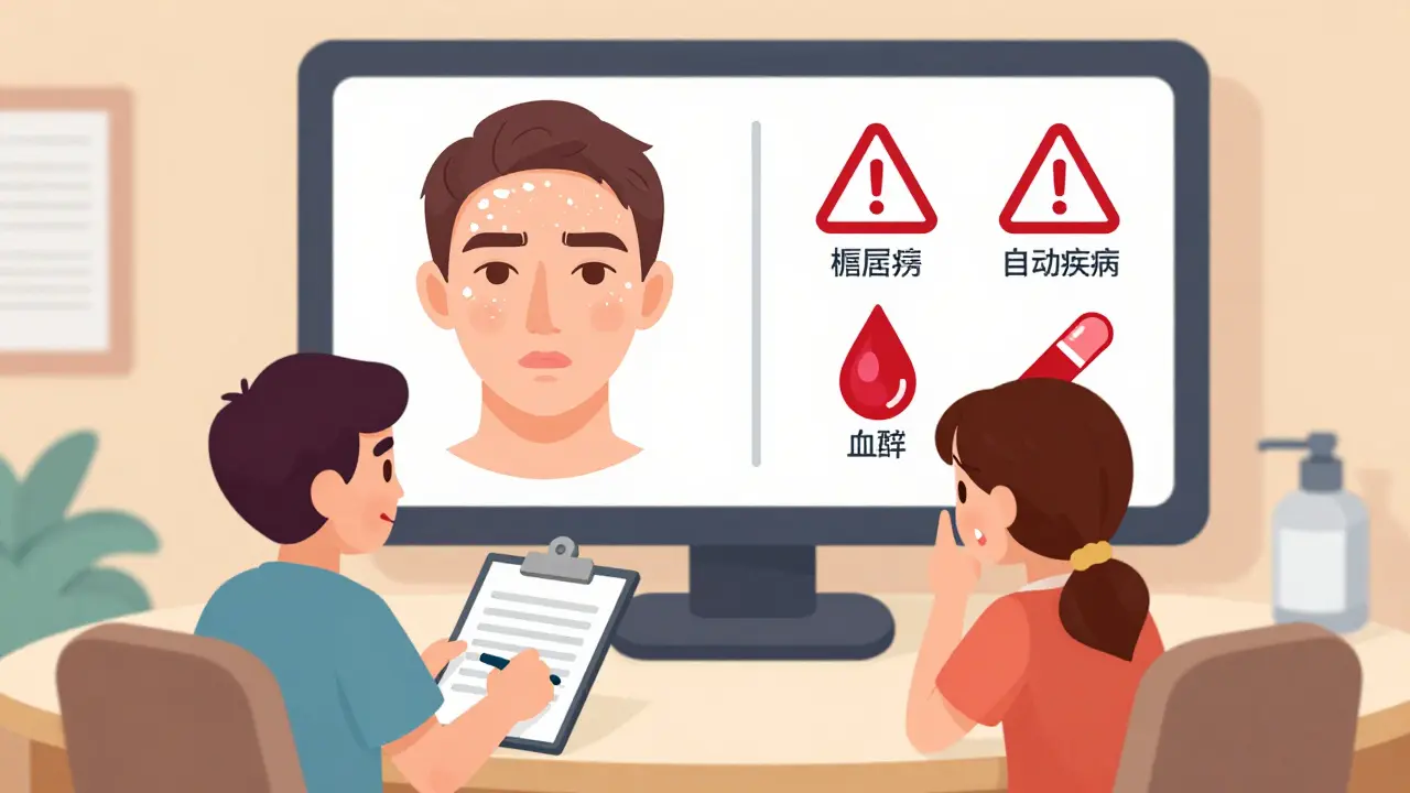 Консультация косметолога с пациентом, на экране — сравнение здоровой кожи и противопоказаний в виде предупреждающих иконок.