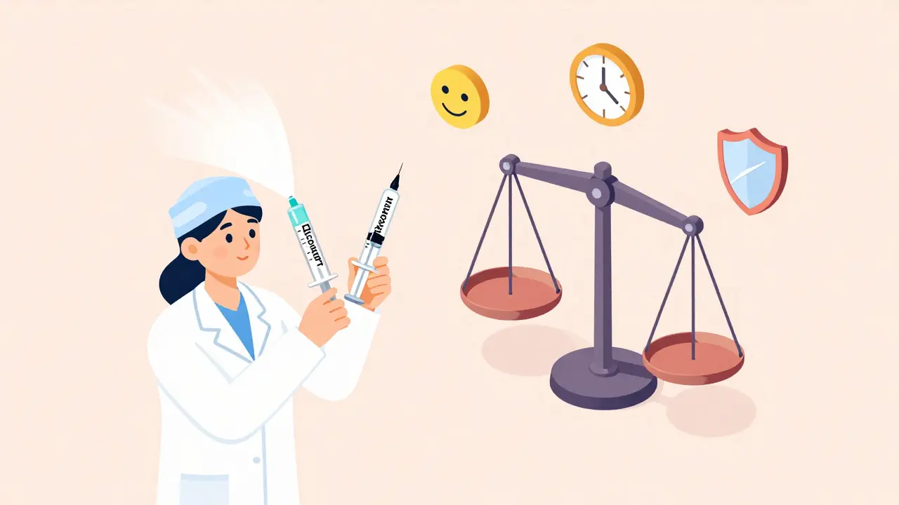 Косметолог с двумя шприцами, демонстрирующий разницу между широким и точечным воздействием ботулотоксинов.