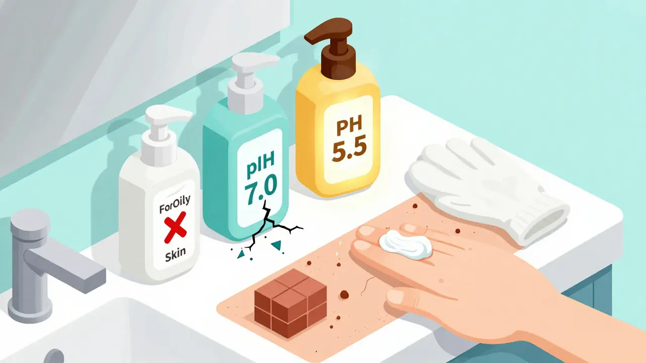 На прилавке — косметика с разным pH, крем с церамидами и перчатки, восстанавливающие кожу.