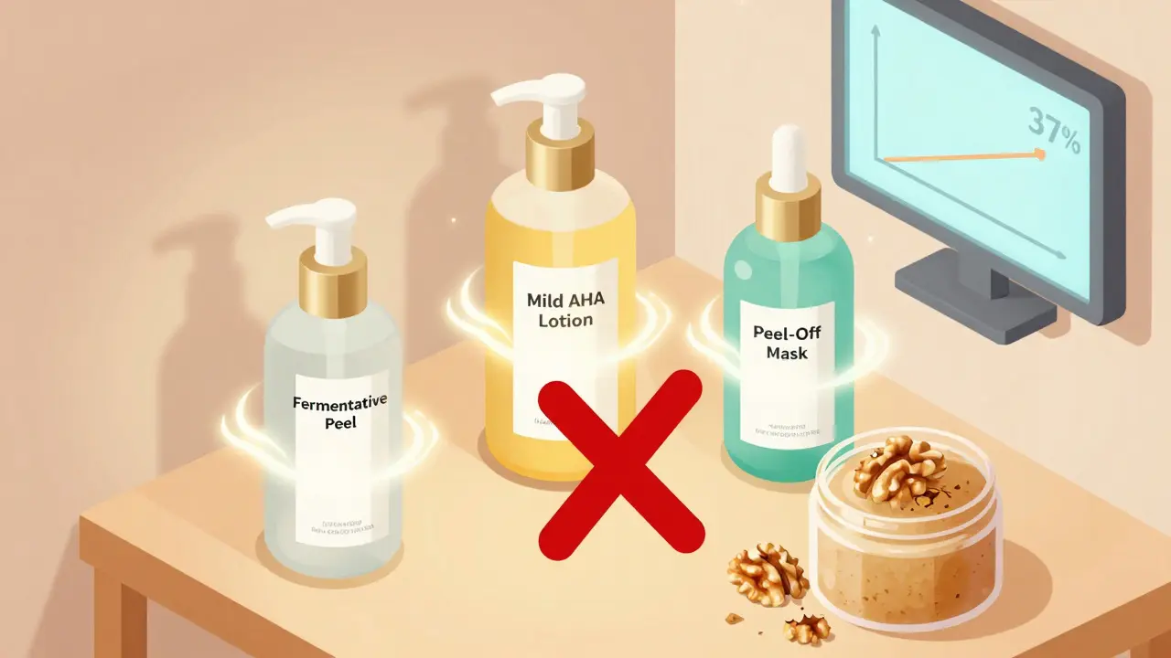 Полка с тремя мягкими средствами для отшелушивания и запрещённым скрабом с грецкими орехами, с графиком повышения увлажнённости на 37%.