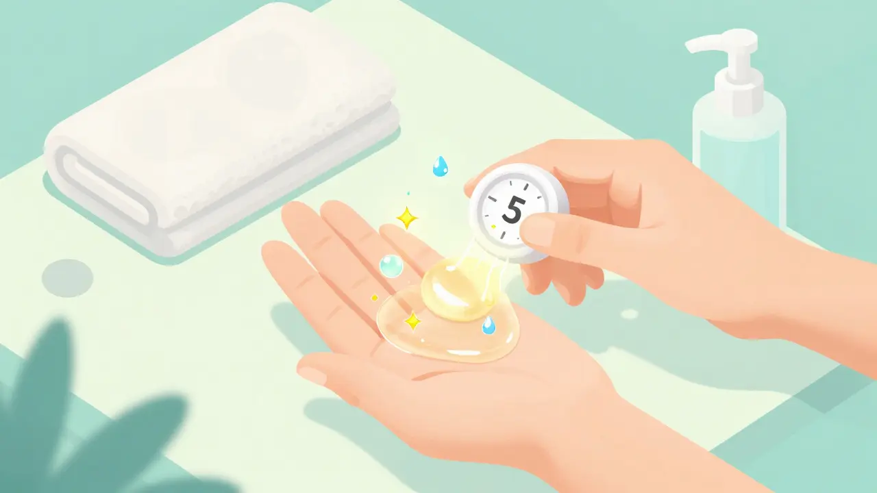 Пошаговое изображение нанесения ферментативного пилинга на влажную кожу с визуализацией увлажняющих компонентов, без трения и массажа.