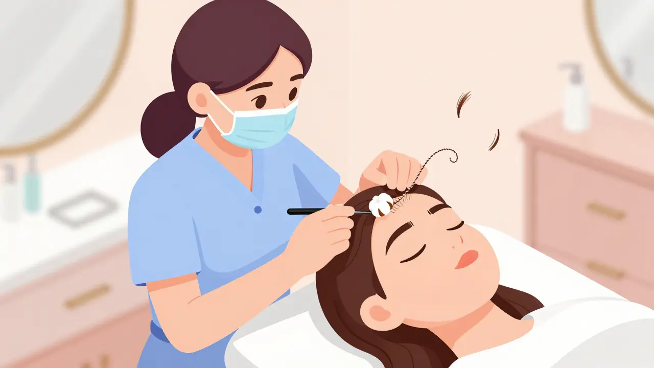 Профессионал использует нить для коррекции бровей, волоски летят в воздухе.