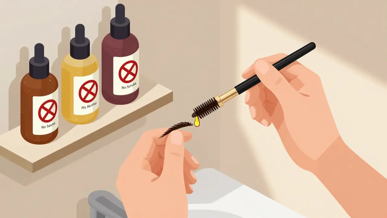 Рука аккуратно расчесывает ламинированные брови маслом, вокруг — запрещающие знаки