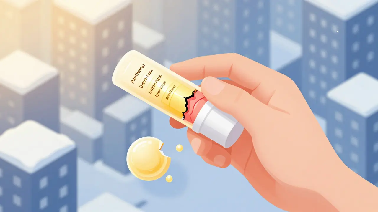 Рука наносит бальзам на треснувшие губы, вокруг разлетаются капли слюны, символизирующие вред привычки облизывать губы.