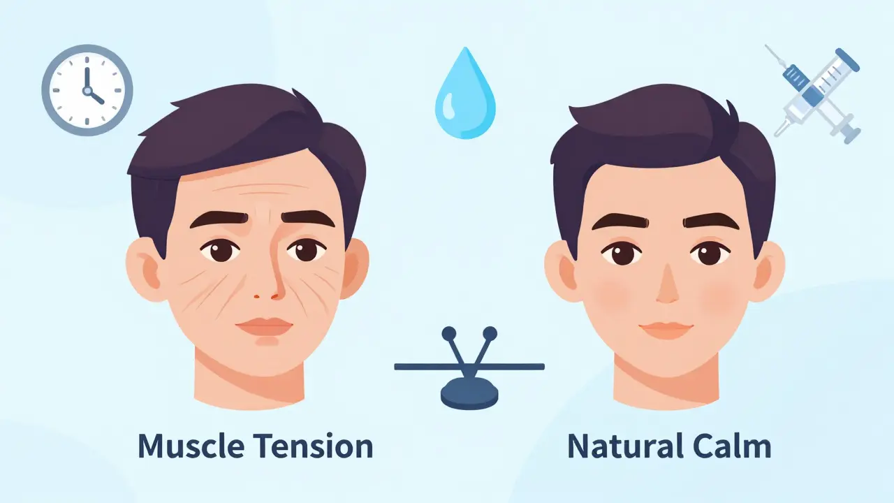 Сравнение двух лиц: одно с глубокими морщинами, другое — сглаженное, но естественное, после ботокса.