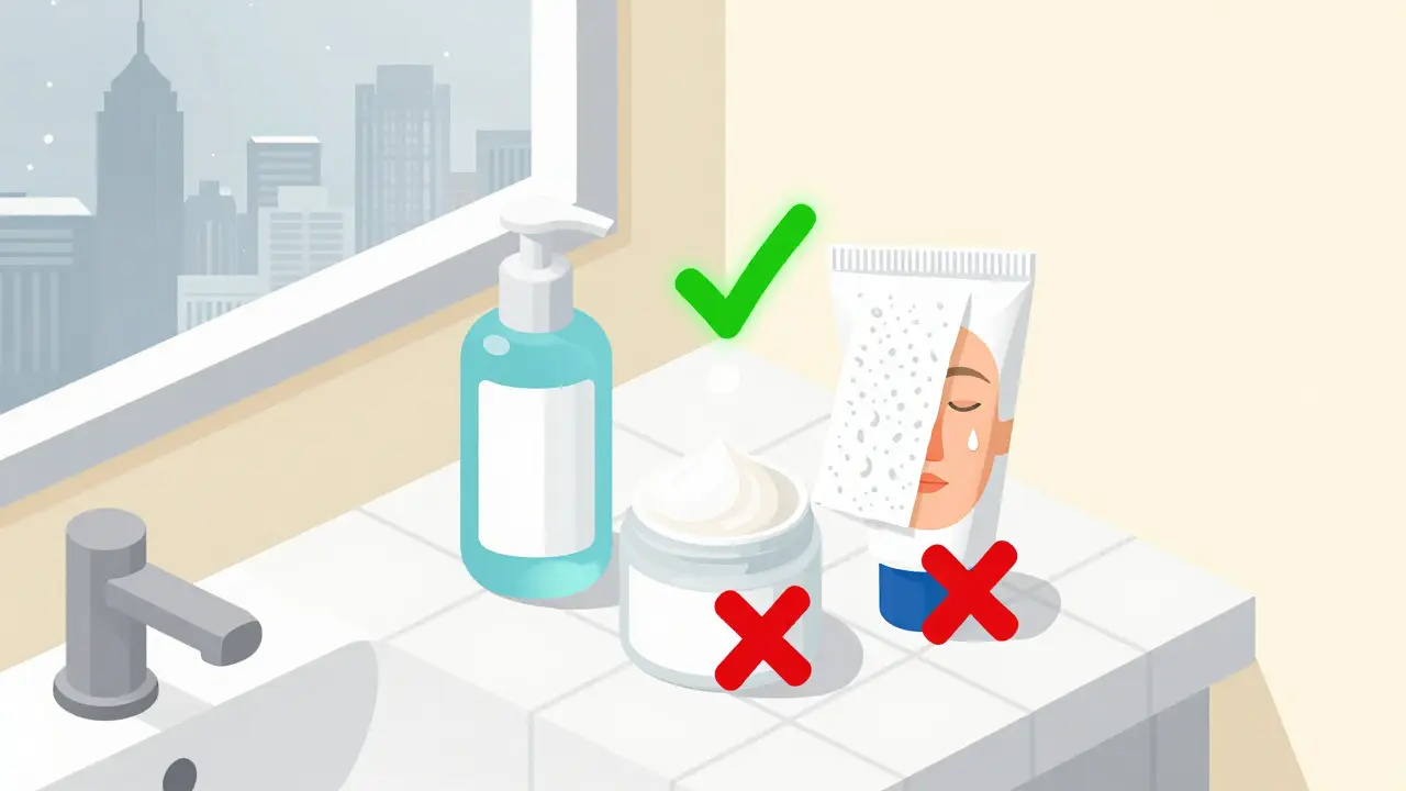 Средства для ухода за кожей на прилавке, правильный продукт выделен зеленым маркером.