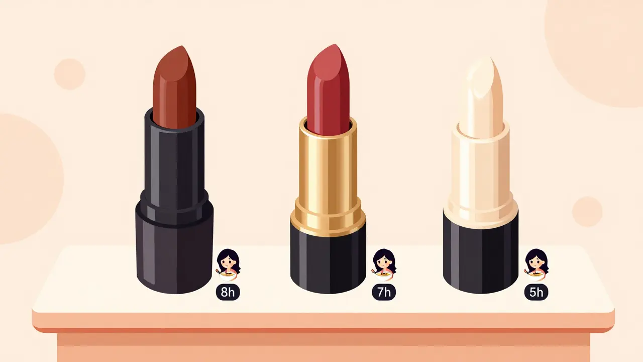 Три типа помад: матовая, сатиновая и кремовая с указанием стойкости