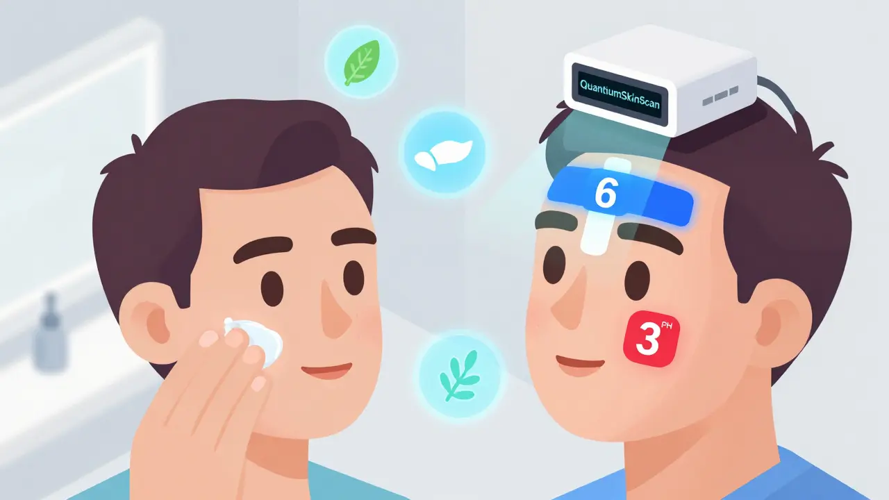 Уход за комбинированной кожей: гель на Т-зону, крем на щеки, с цветными pH-полосками и устройством сканирования.