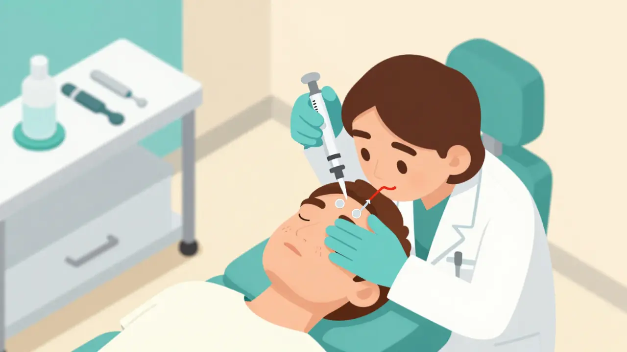 Врач делает инъекцию ботокса в лоб пациента, с визуализацией блокировки нервных сигналов к мышцам.